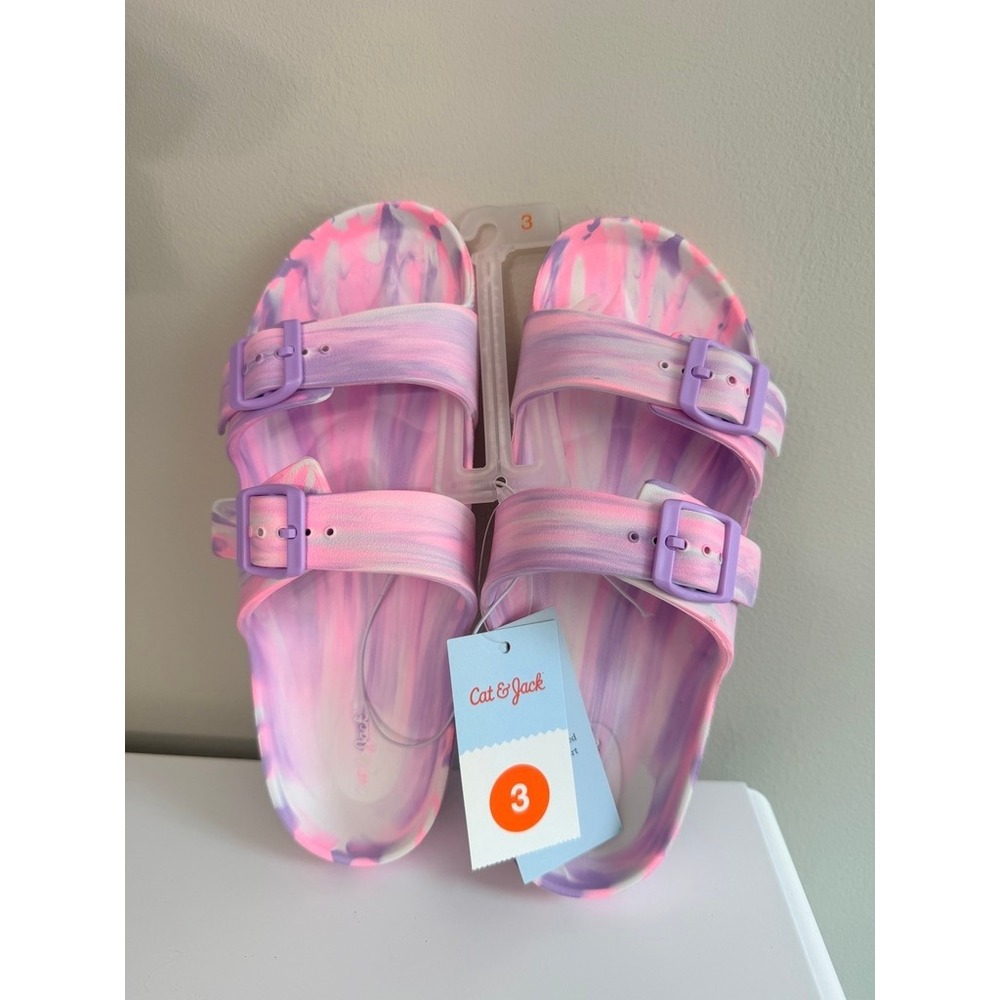 Cat & Jack Slide Sandals Girls Size 3 Pink Purple Marble Tie Dye NWT
